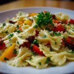 Delicious Mediterranean Pasta Salad with fresh vegetables and herbs.