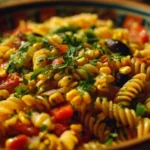 Colorful Mexican Pasta Salad with fresh vegetables and dressing