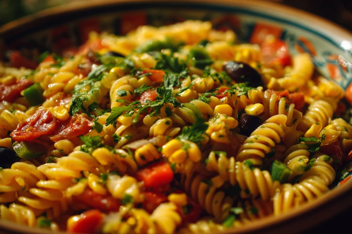 Colorful Mexican Pasta Salad with fresh vegetables and dressing