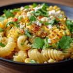 Colorful Mexican street corn pasta salad with fresh ingredients in a bowl.