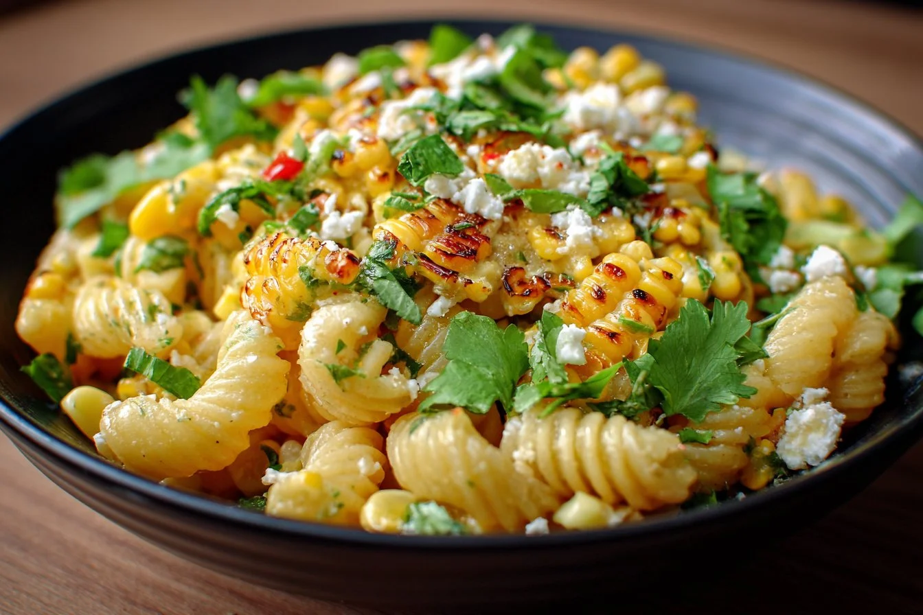 Colorful Mexican street corn pasta salad with fresh ingredients in a bowl.