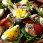 Colorful Nicoise Salad with fresh vegetables, tuna, and olives served in a bowl.