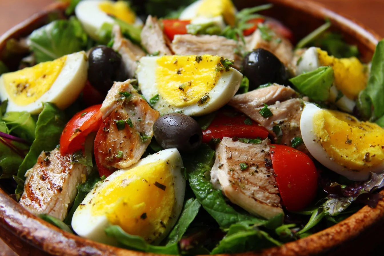Colorful Nicoise Salad with fresh vegetables, tuna, and olives served in a bowl.