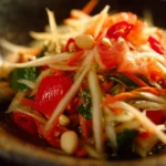 Fresh and colorful papaya salad with herbs and vegetables