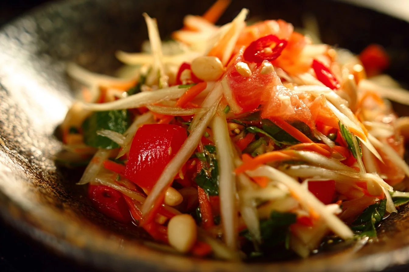 Fresh and colorful papaya salad with herbs and vegetables