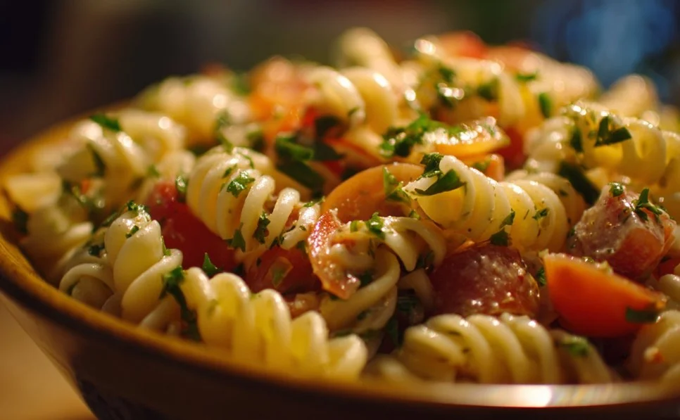 Colorful and fresh Pasta Salad with vegetables and dressing served in a bowl