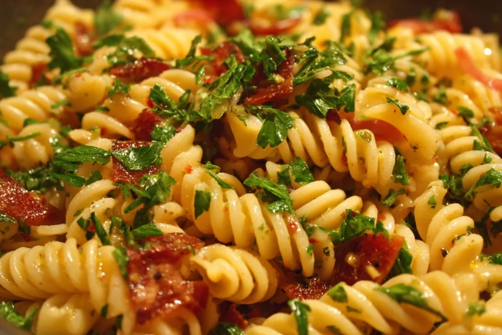 Delicious pasta salad with a vibrant dressing.