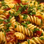 Delicious pasta salad with a vibrant dressing.