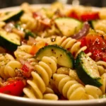 Pasta salad with vibrant vegetables and Italian dressing served in a bowl.
