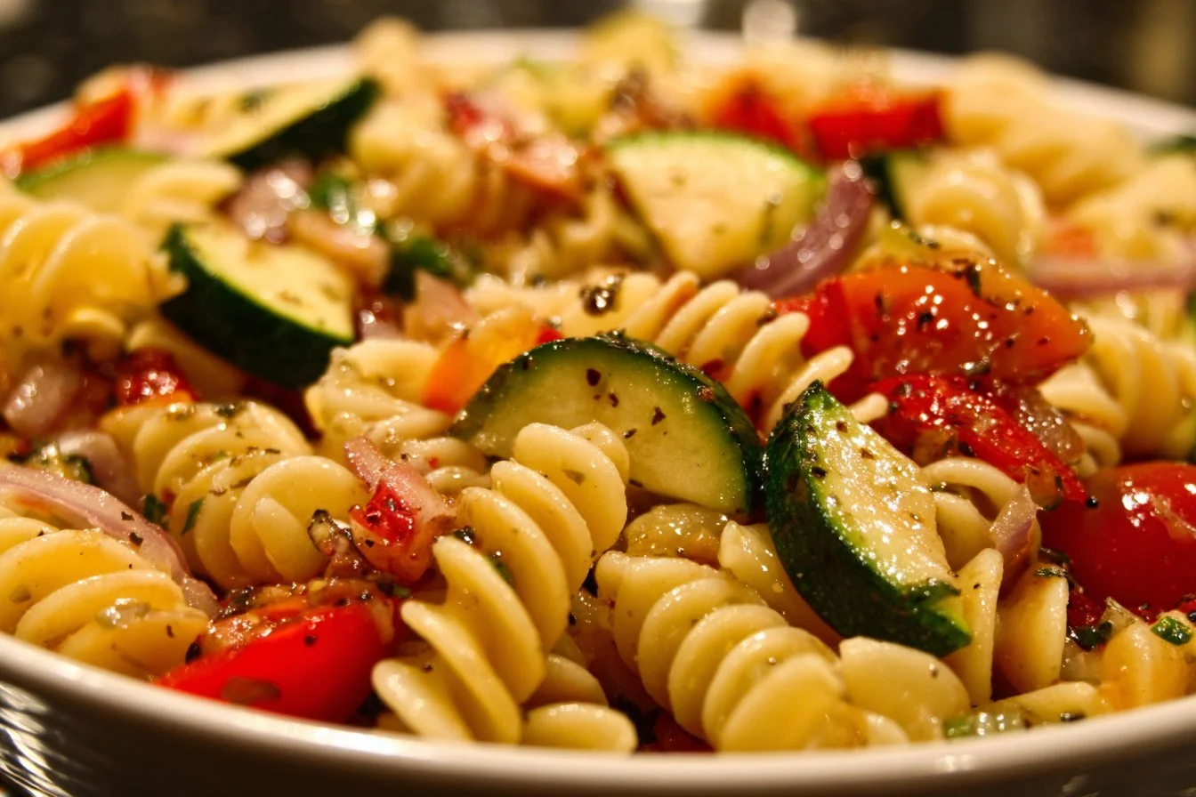 Pasta salad with vibrant vegetables and Italian dressing served in a bowl.