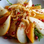 Delicious pear salad with greens, cheese, nuts, and a tangy dressing on a plate