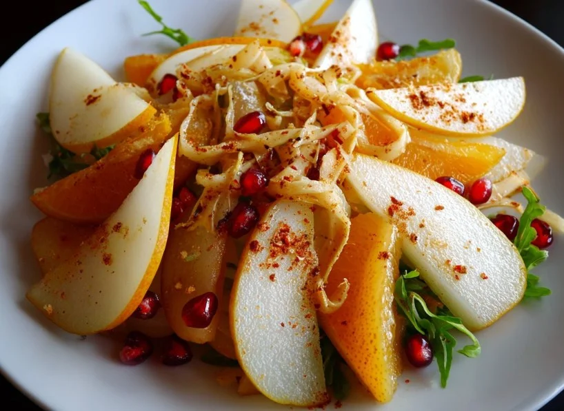 Delicious pear salad with greens, cheese, nuts, and a tangy dressing on a plate