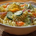 Delicious pickle pasta salad in a bowl with fresh ingredients