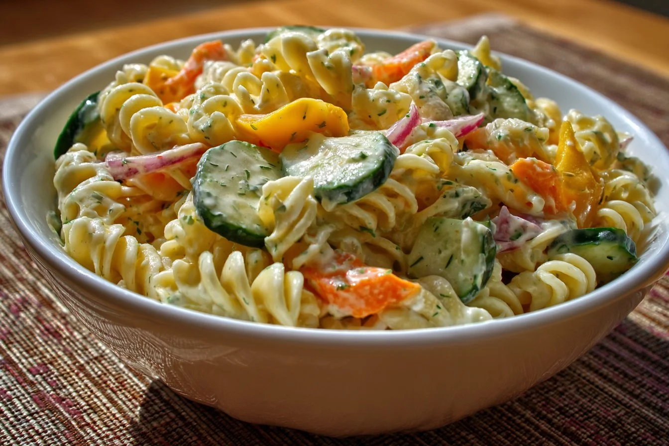 Delicious pickle pasta salad in a bowl with fresh ingredients