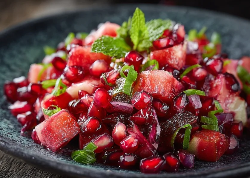 Colorful pomegranate salad with fresh greens and dressing