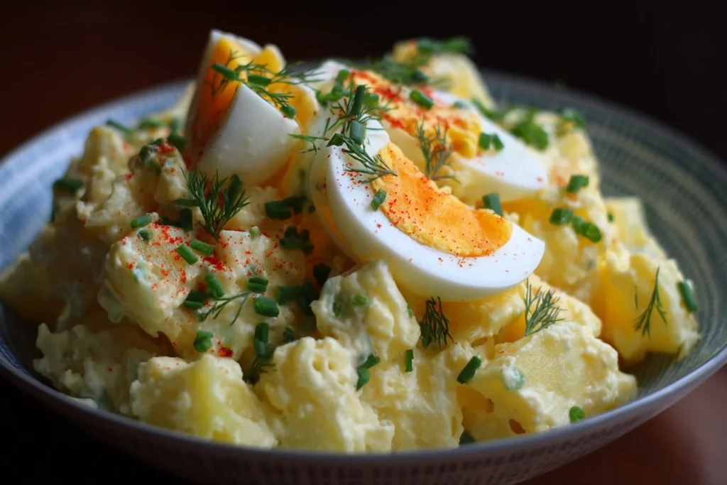 Delicious potato salad with egg served in a bowl, garnished with herbs.