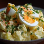 Delicious potato salad with egg served in a bowl, garnished with herbs.