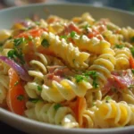 Healthy and colorful Protein Pasta Salad with vegetables and protein-rich ingredients