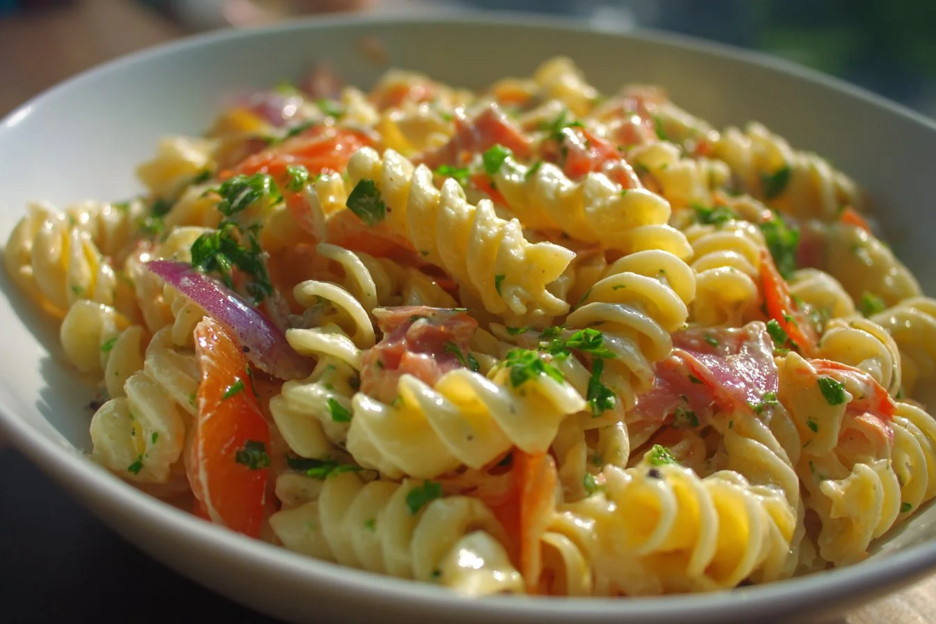 Healthy and colorful Protein Pasta Salad with vegetables and protein-rich ingredients