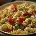 Bowl of colorful Ranch Pasta Salad with fresh vegetables and creamy dressing