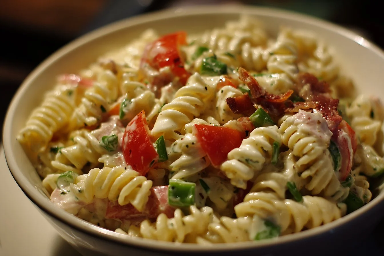 Bowl of colorful Ranch Pasta Salad with fresh vegetables and creamy dressing