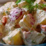 Bowl of red potato salad with herbs and diced vegetables