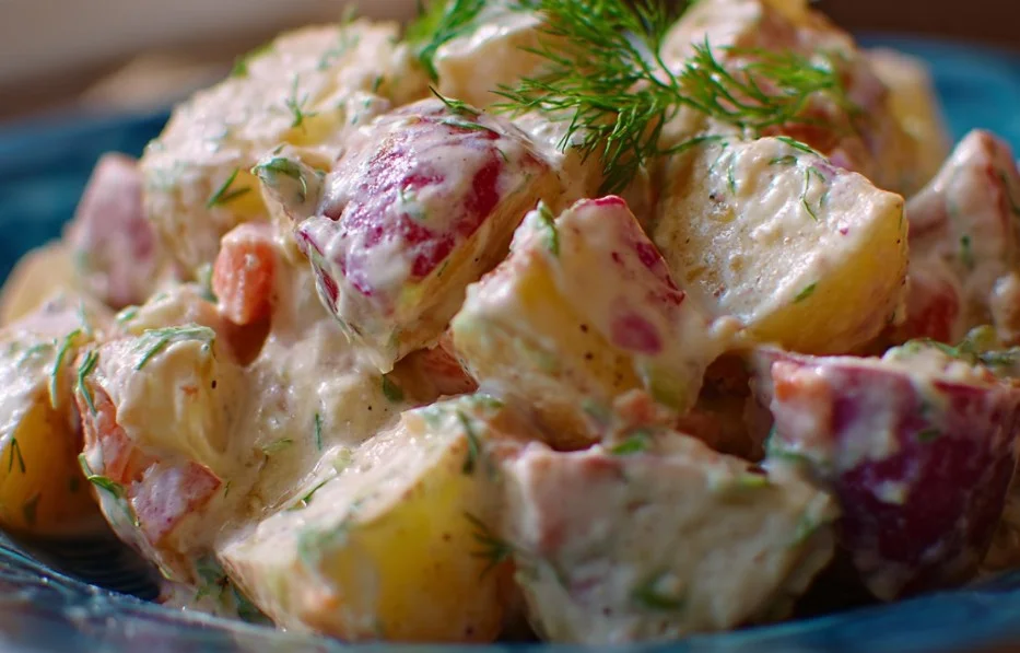 Bowl of red potato salad with herbs and diced vegetables