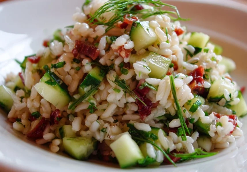 A colorful bowl of rice salad with fresh vegetables and herbs