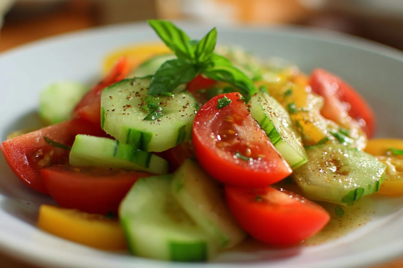 Beautifully decorated salad with fresh ingredients and artistic garnish