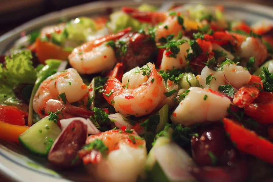 Fresh and colorful Seafood Salad with shrimp, crab, and mixed greens