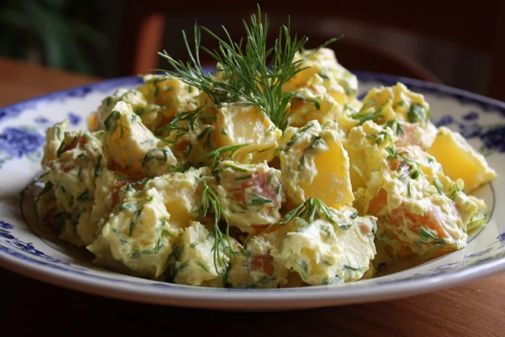 Smashed Potato Salad topped with fresh herbs and a creamy dressing