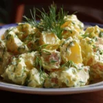 Smashed Potato Salad topped with fresh herbs and a creamy dressing