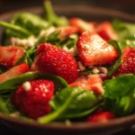 Fresh Strawberry Spinach Salad with nuts and dressing in a bowl