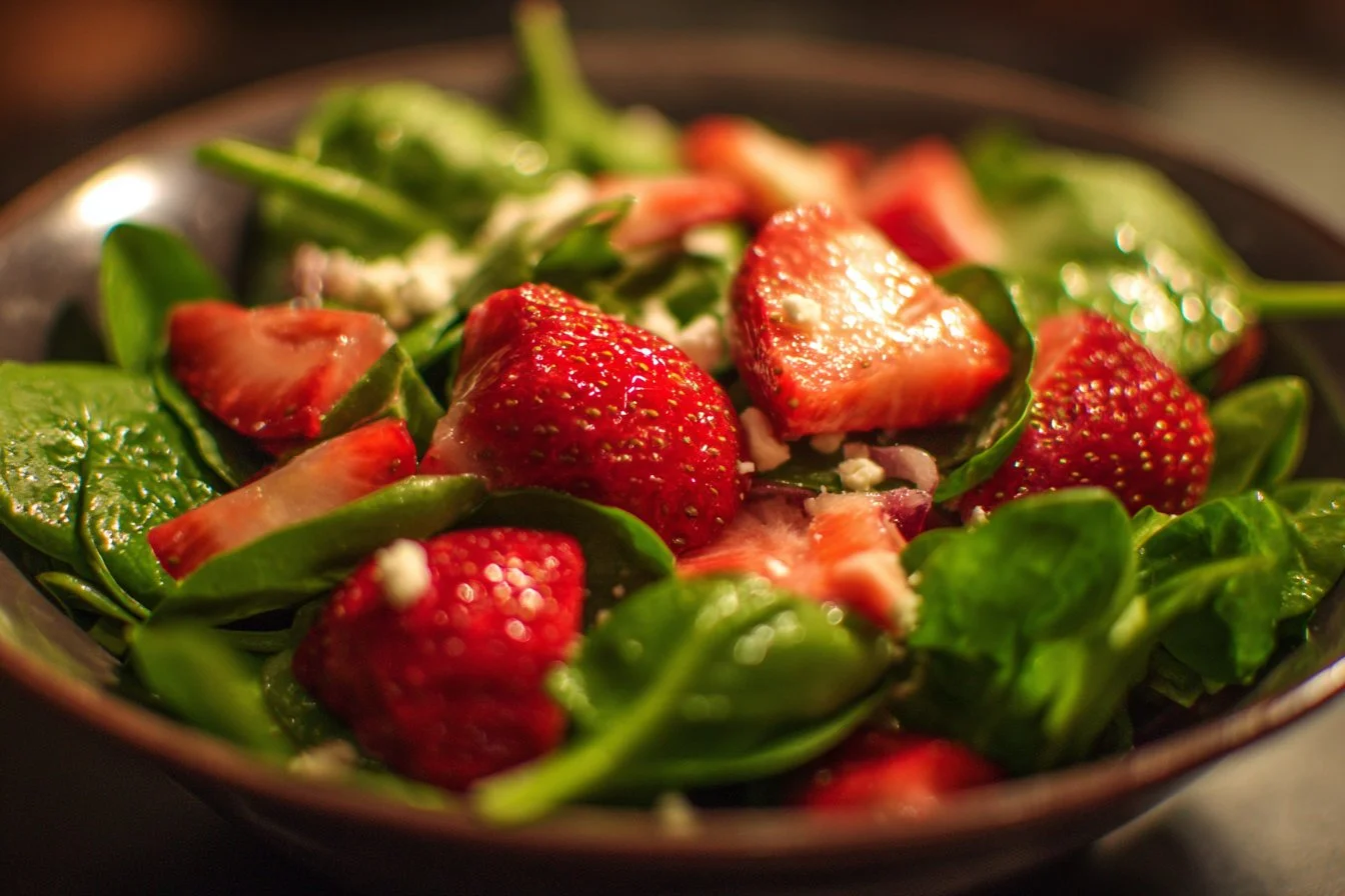 Fresh Strawberry Spinach Salad with nuts and dressing in a bowl