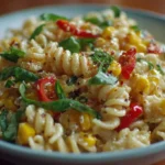 Street Corn Pasta Salad with fresh ingredients and colorful toppings