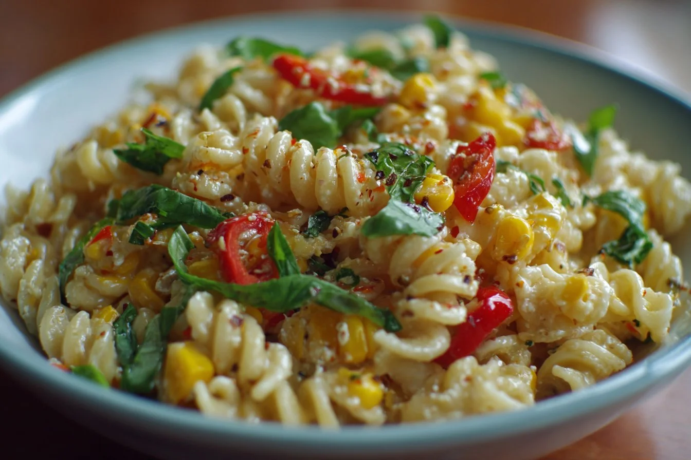Street Corn Pasta Salad with fresh ingredients and colorful toppings