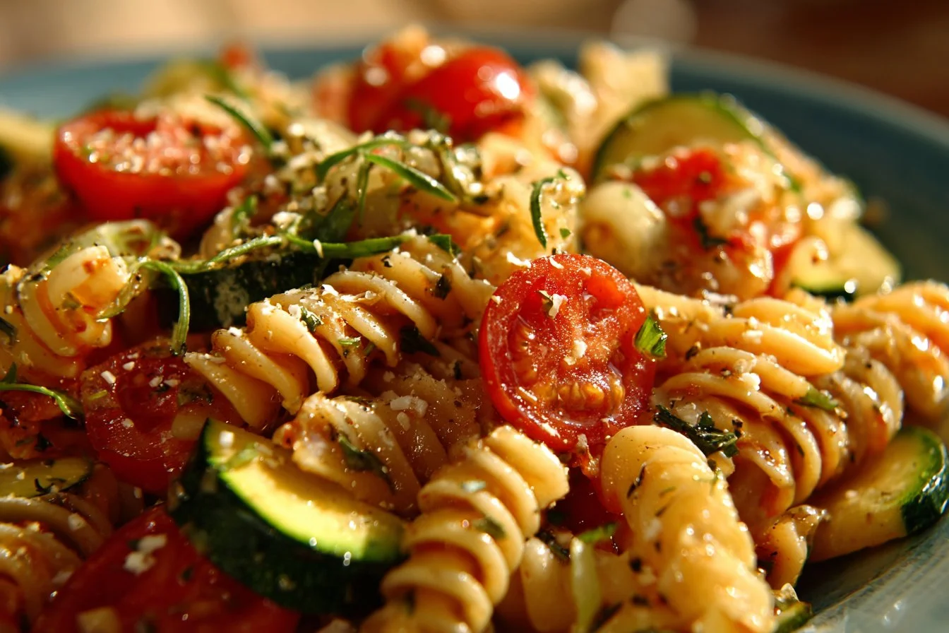 Colorful summer pasta salad with fresh vegetables and dressing
