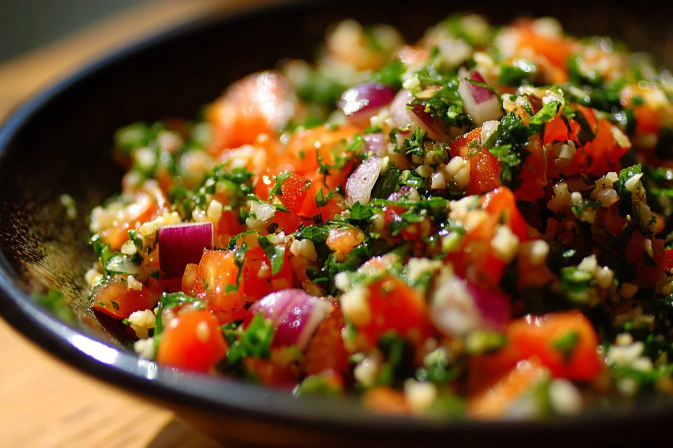 Freshly prepared Tabouli Salad with parsley, tomatoes, and bulgur wheat
