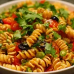 Colorful Taco Pasta Salad with vegetables and dressing in a serving bowl