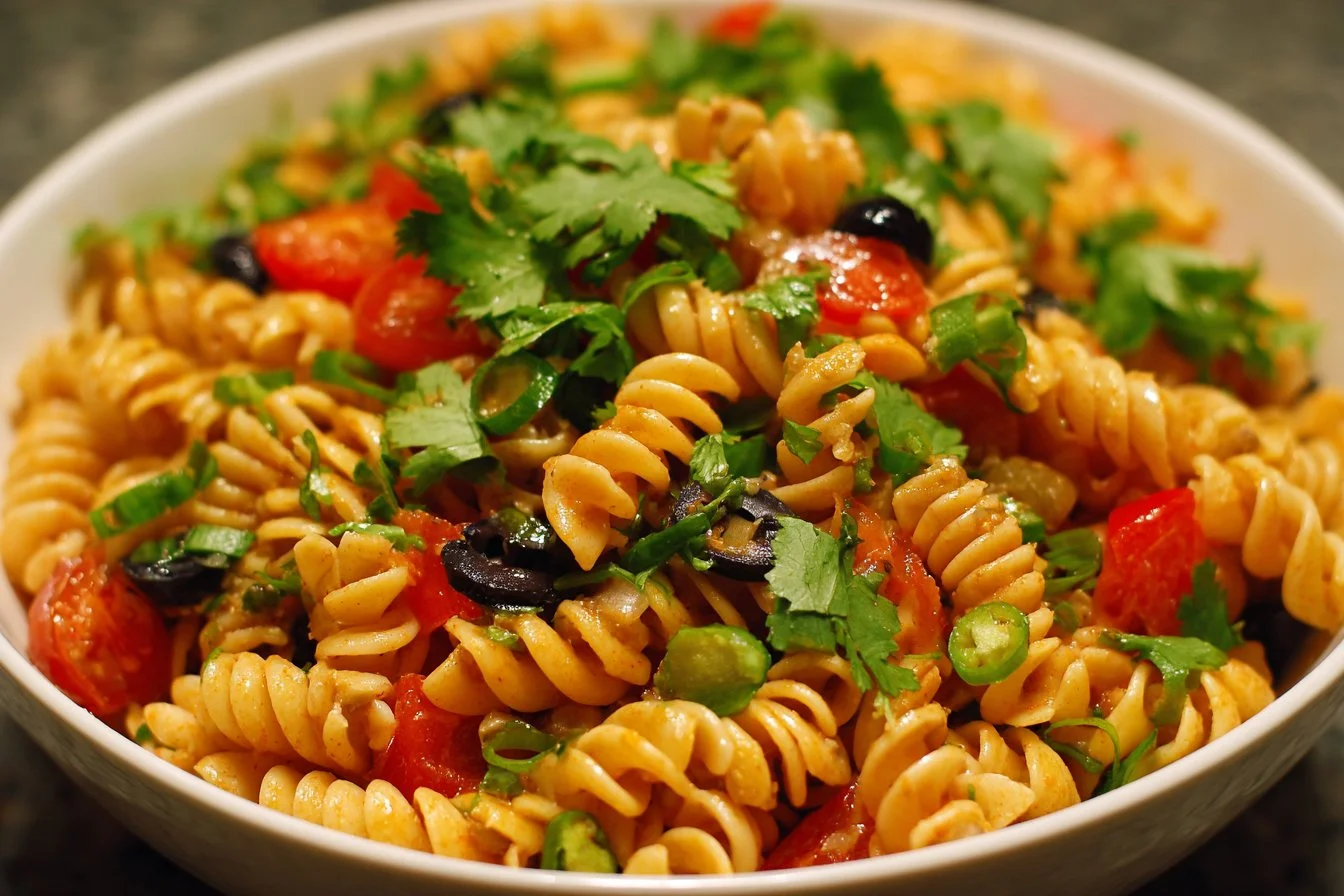 Colorful Taco Pasta Salad with vegetables and dressing in a serving bowl