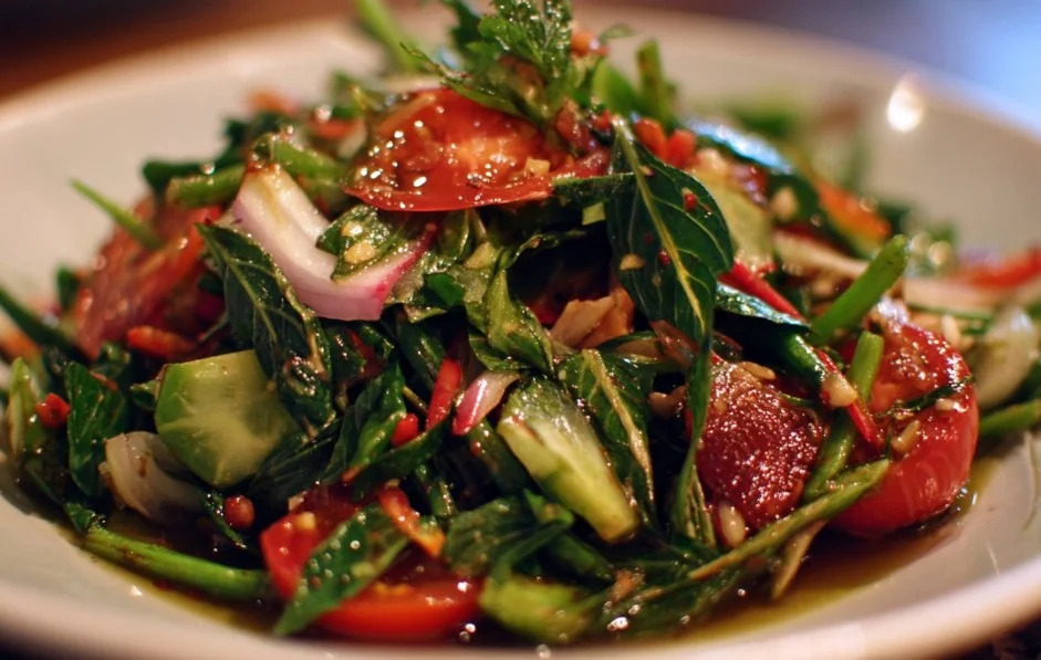 Colorful and fresh Thai Salad with vegetables and herbs on a plate.