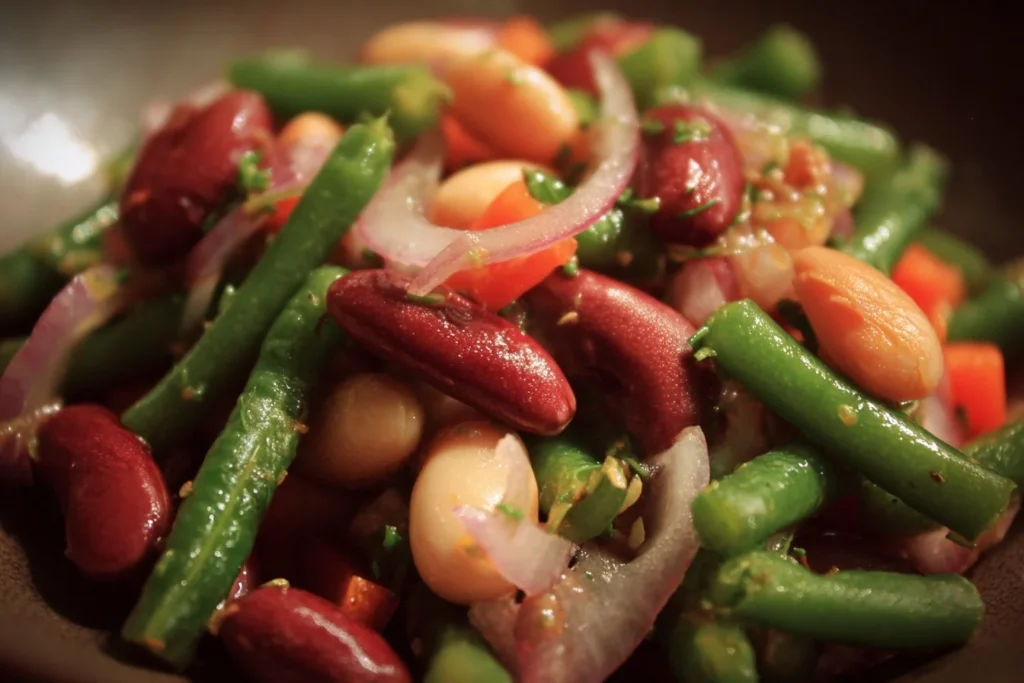 Colorful three bean salad with fresh vegetables in a bowl