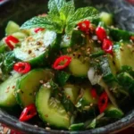Viral cucumber salad with fresh vegetables in a white bowl