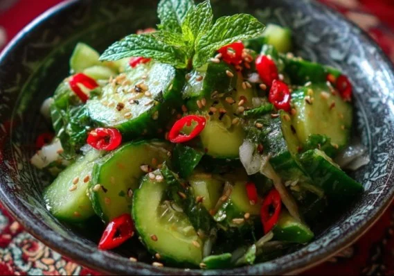 Viral cucumber salad with fresh vegetables in a white bowl