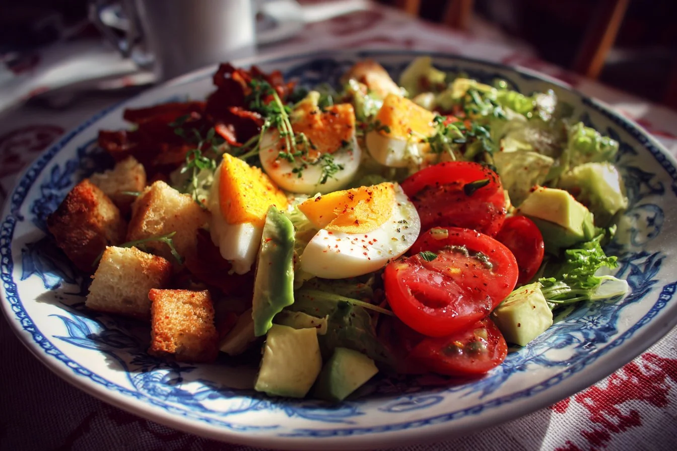 Colorful breakfast salad with greens, fruits, and nuts