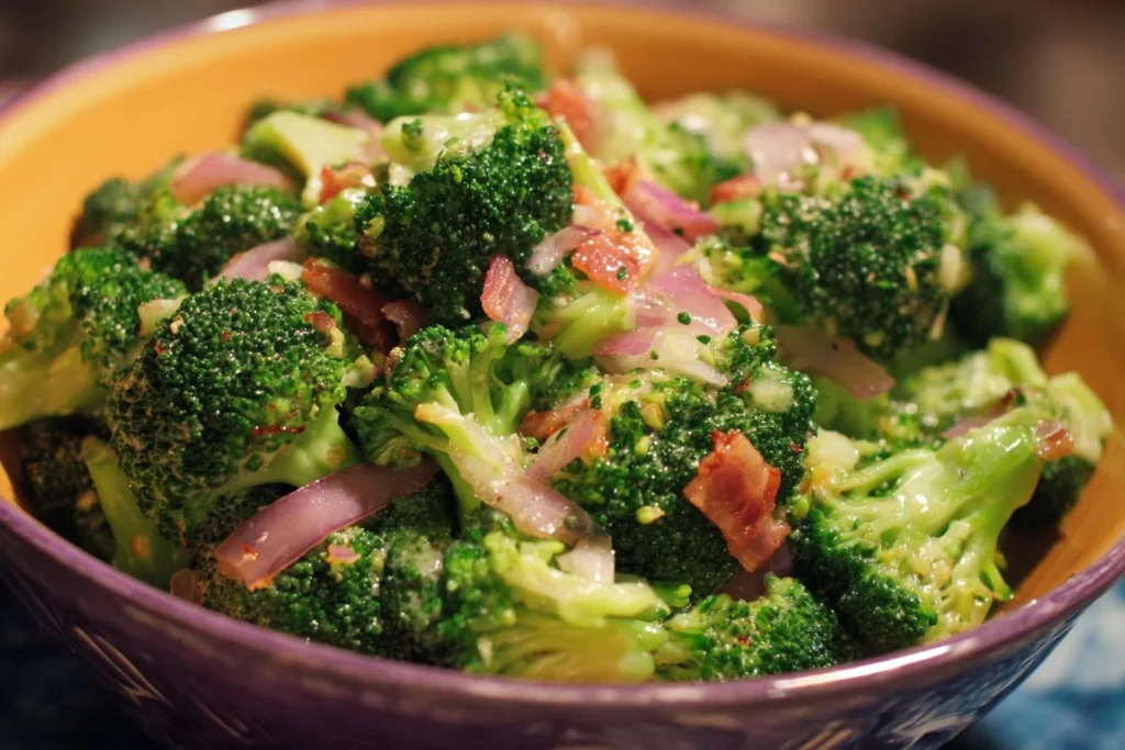 Delicious and healthy broccoli salad served in a bowl with vegetables.