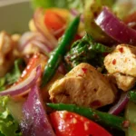 Bowl of fresh chicken salad with vegetables and dressing