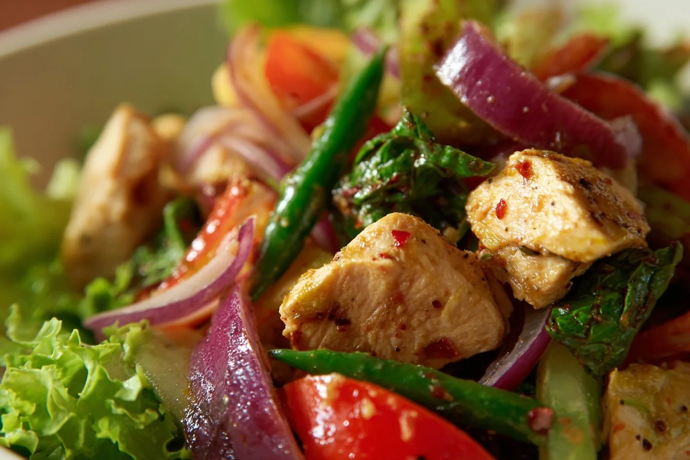 Bowl of fresh chicken salad with vegetables and dressing