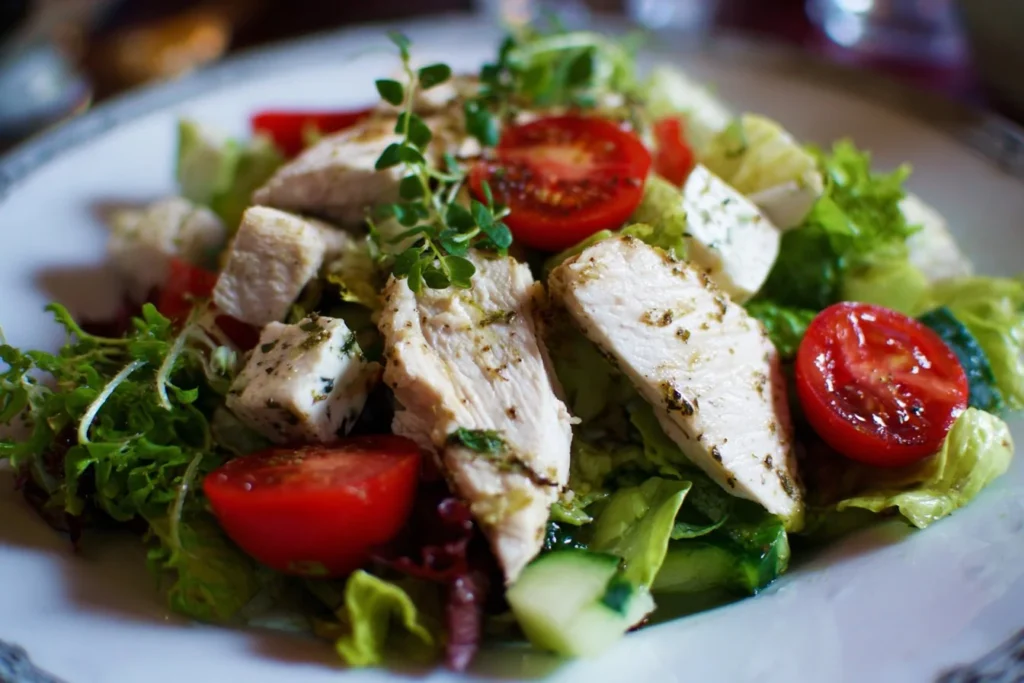 Healthy chicken salad served in a bowl with fresh vegetables and herbs.