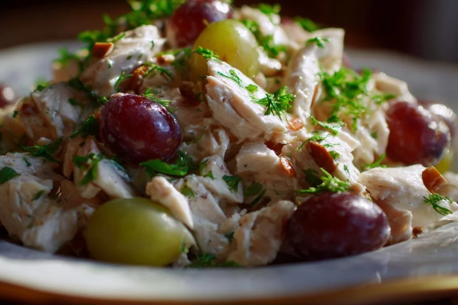 Delicious chicken salad with grapes in a bowl, perfect for a healthy meal.